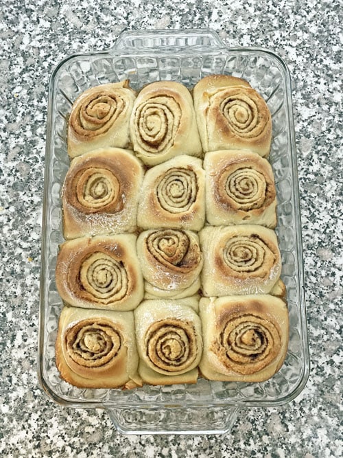 baked cinnamon rolls in a pan