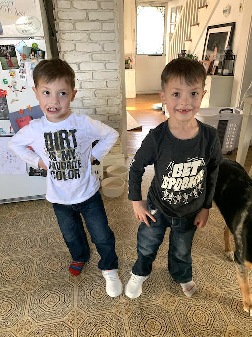 navigating twin boys standing in kitchen