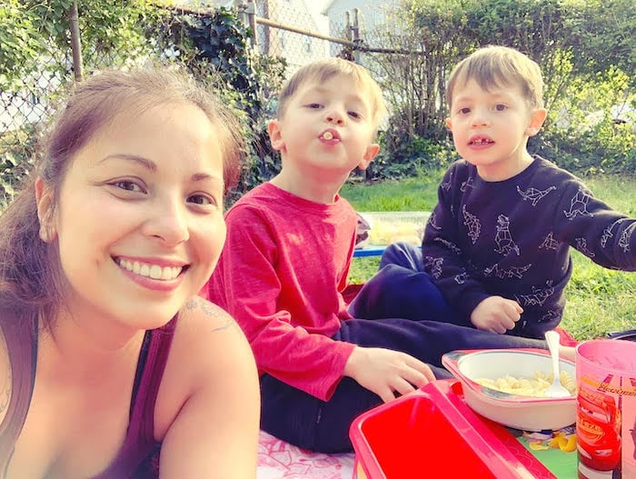 navigating mom and twin boys in backyard