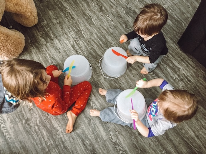 3 kids playing drums Twin Mom Life 