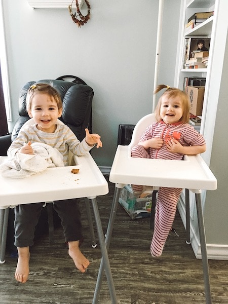 twin toddlers eating in high chairs Twin Mom Life 