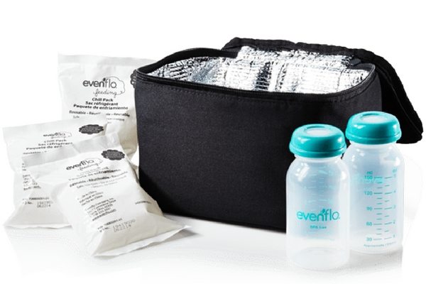evenflo feeding cooler bag with two bottles and ice packs