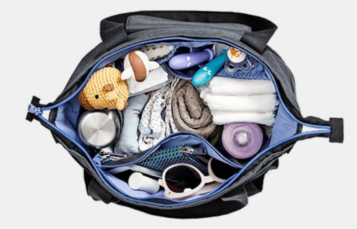 Packed diaper bag for a holiday road trip