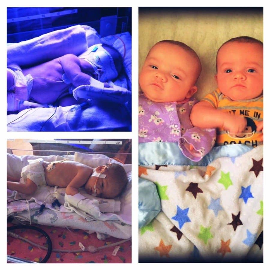 Born 33+6, weighing 4 and 5 lbs. 3 weeks in the NICU. Now 2.5 months old weighing 10 and 12 lbs.