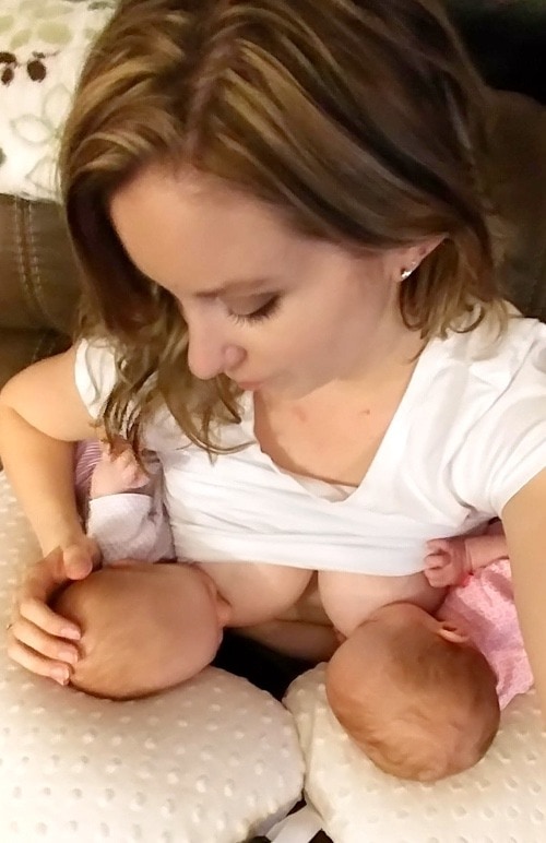 mom breastfeeding twins tandem