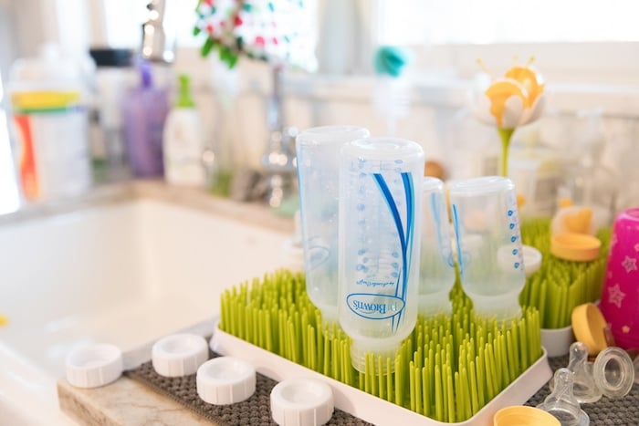 dr. brown's bottles on a drying rack bottle feeding a breastfed baby