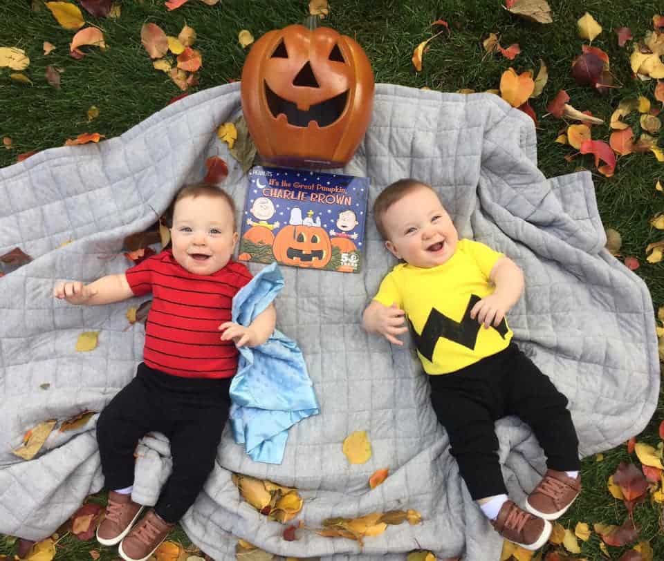 twin baby boys dressed. ascharlie brown and linus