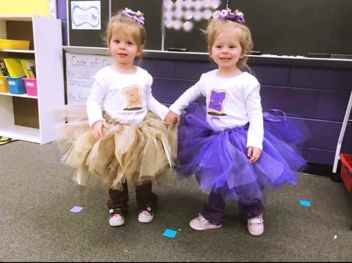 twin toddler girls dressed as peanut butter and jelly