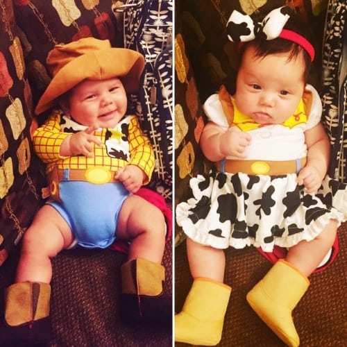 baby twins dressed as Woody and Jessie from Toy Story 2