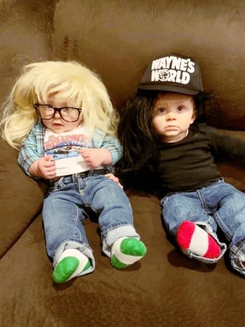 twin babies dressed as wayne and garth from the movie wayne's world