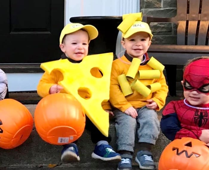 twin toddlers dressed as macaroni and cheese