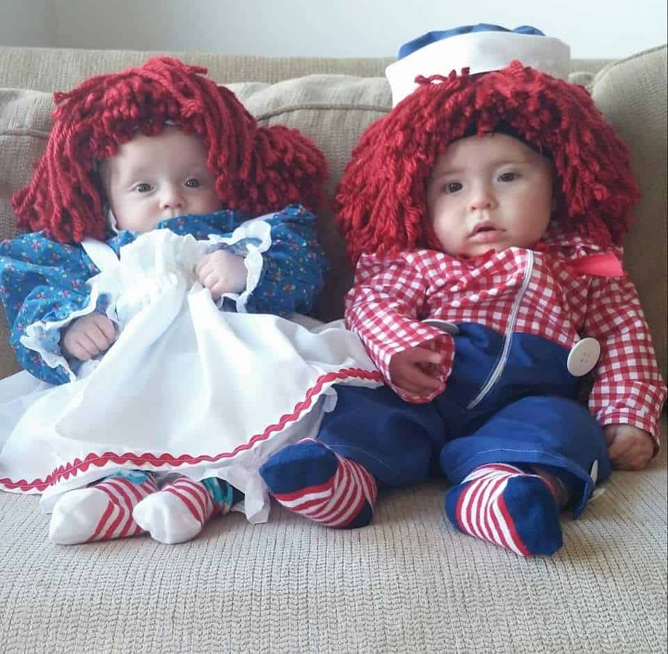 twin babies dressed up to look like raggedy ann and andy