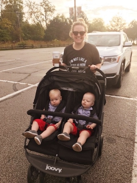 mom pushing twins in stroller stay at home mom