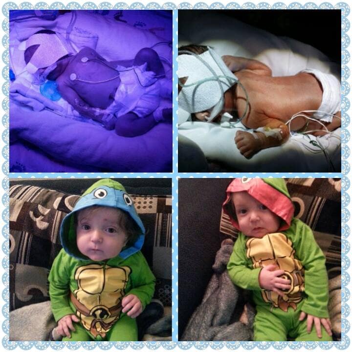 John 3lbs 14oz, Joshua 3lbs 14.4 oz. Born 12/11 at 30wks and spent a month and a half in the NICU. Now they are both 11 months old and weigh 22 lbs each!