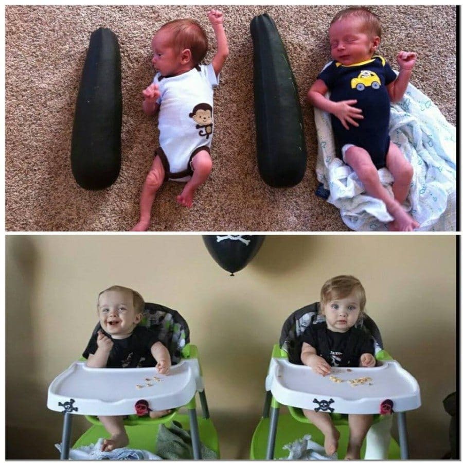 Jaxon and Korrey, from smaller than zucchini to eating zucchini in 1 year! (3.14 lbs to 22lbs!)