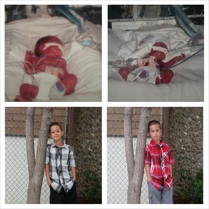 My first set of twins born at 28 weeks. Tanner was 1 lb 13 oz and Toby was 2 lb 7 oz. Spent 13 weeks in the NICU. Also had Twin To Twin Transfusion Syndrome. They are healthy 9 yr old boys who keep us very busy.