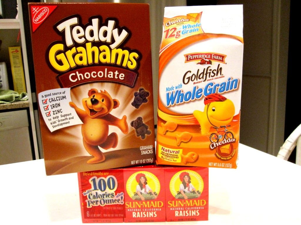 teddy grahams, goldfish, and raisins for your holiday road trip