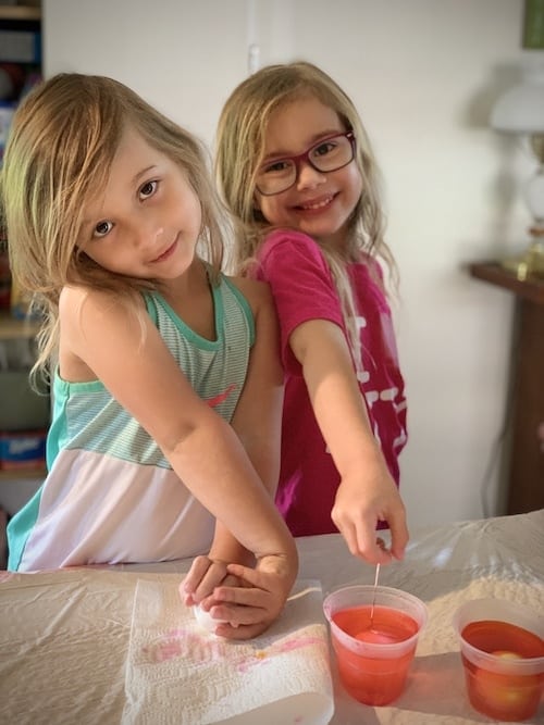 twin girls doing a project during a pandemic