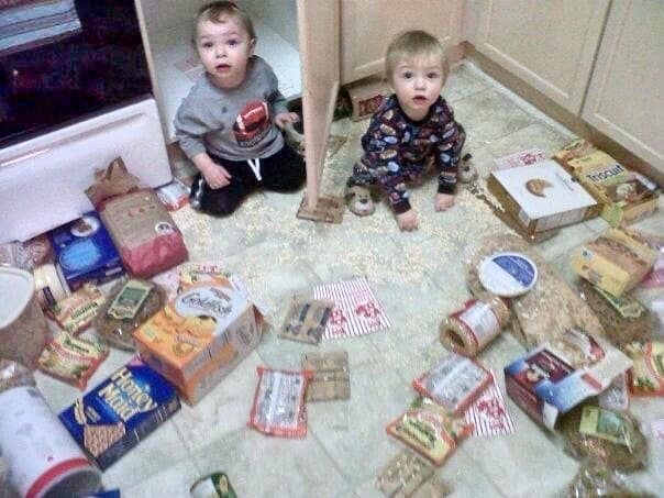 twin toddlers made a mess in the kitchen always tired