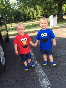 twin toddler boys holding hands